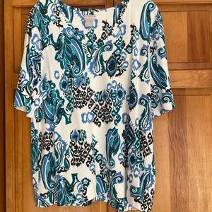 Chicos print top, never worn, vibrant colors, elbow length sleeves